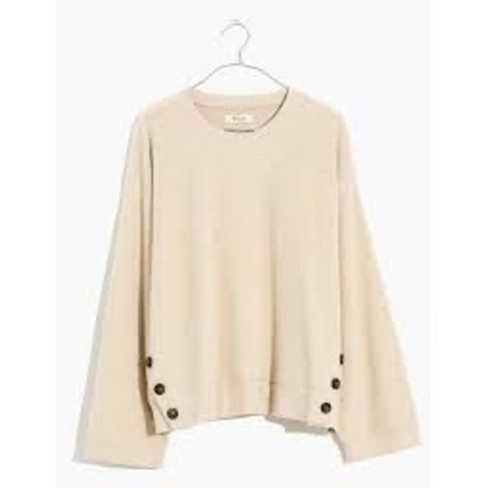 Madewell Women XL Tan Beige Fleece‎ Button Side Pullover Sweatshirt